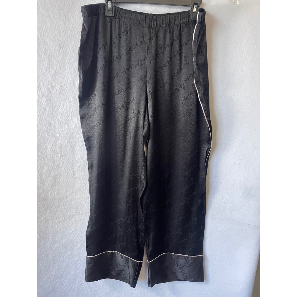 Victorias Secret Black Satin Logo Pajama Pants XL Elastic Waist Piping‎ Lounge